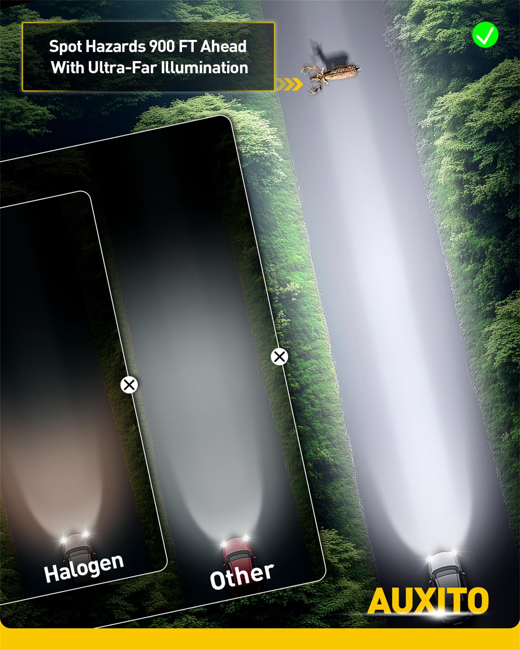 AUXITO beam pattern demonstrates halogen-like coverage with no dark spots.