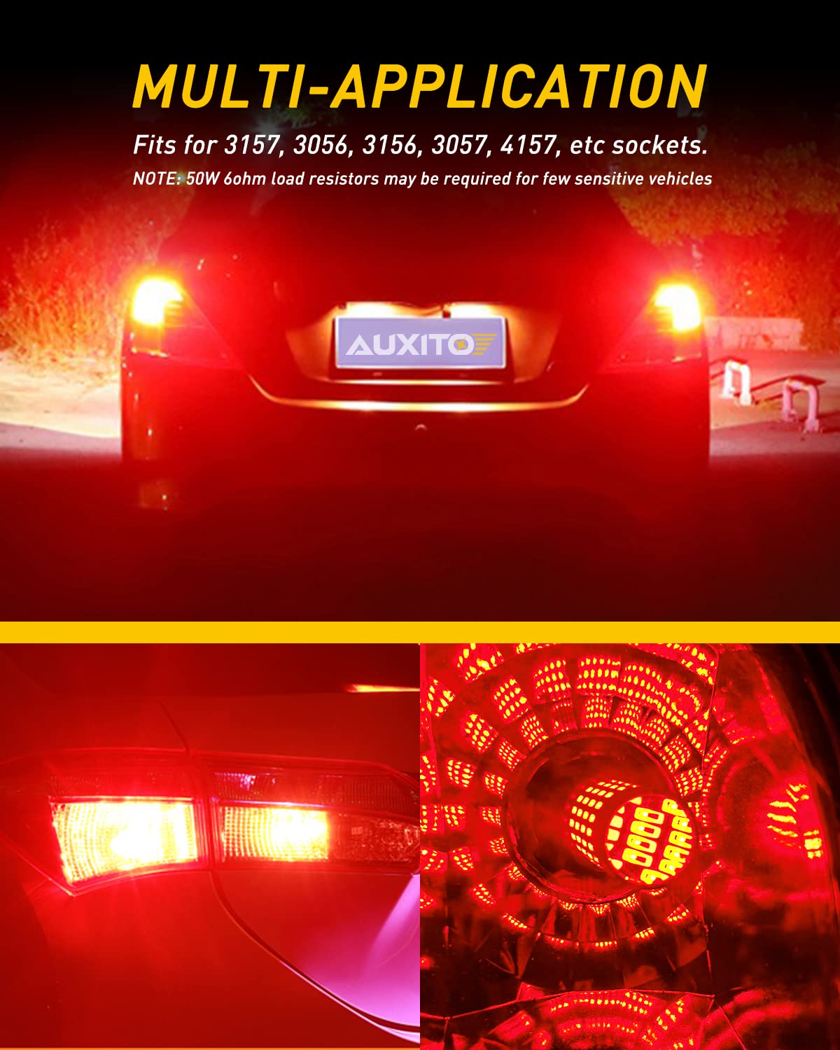 AUXITO non-polarity plug-and-play 3157 LED bulbs for quick installation.