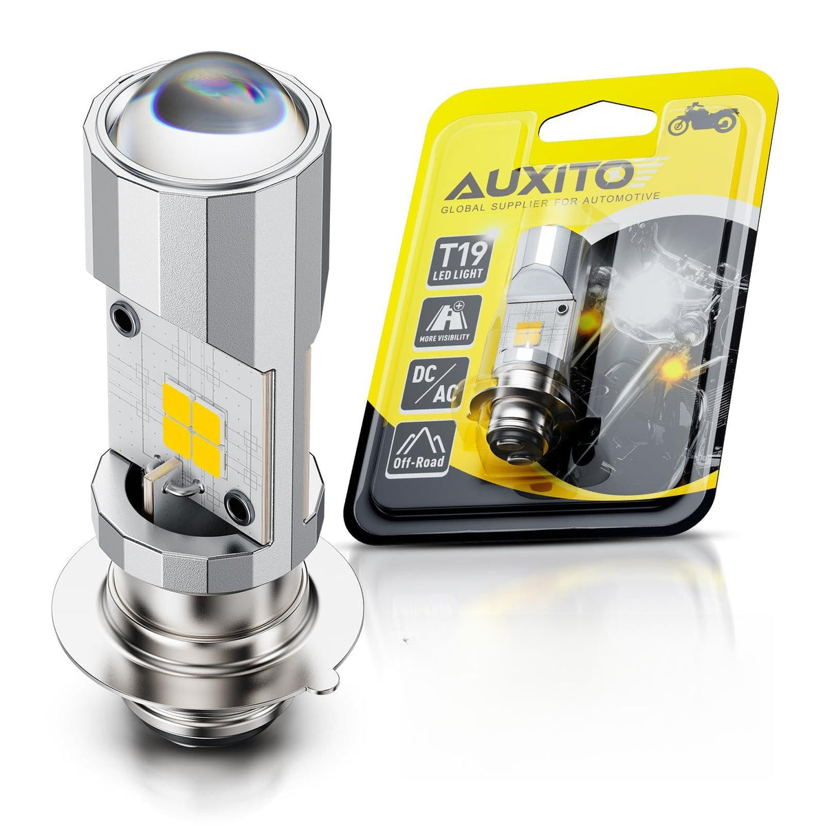 AUXITO P15D low-white beam improves nighttime visibility for motorcycles.