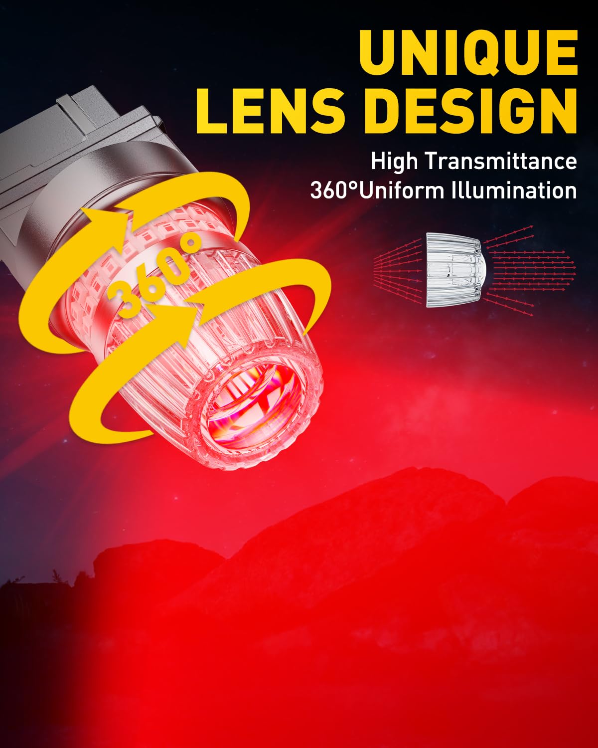 Auxito red tail light bulb showing 360-degree illumination for brake visibility.