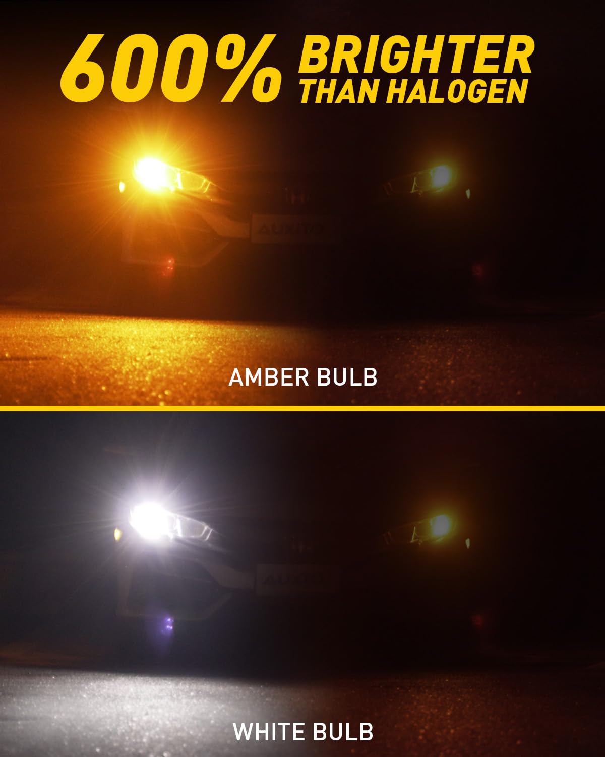 AUXITO switchback LED bulbs showcase dual amber/white for versatile signaling.