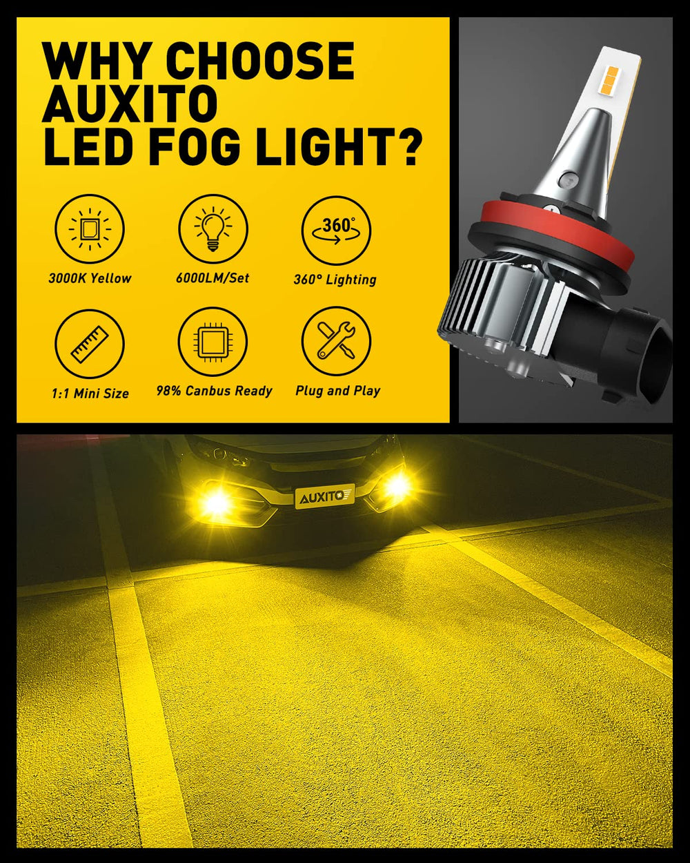 AUXITO IP-rated waterproof and dustproof fog light design for challenging weather.