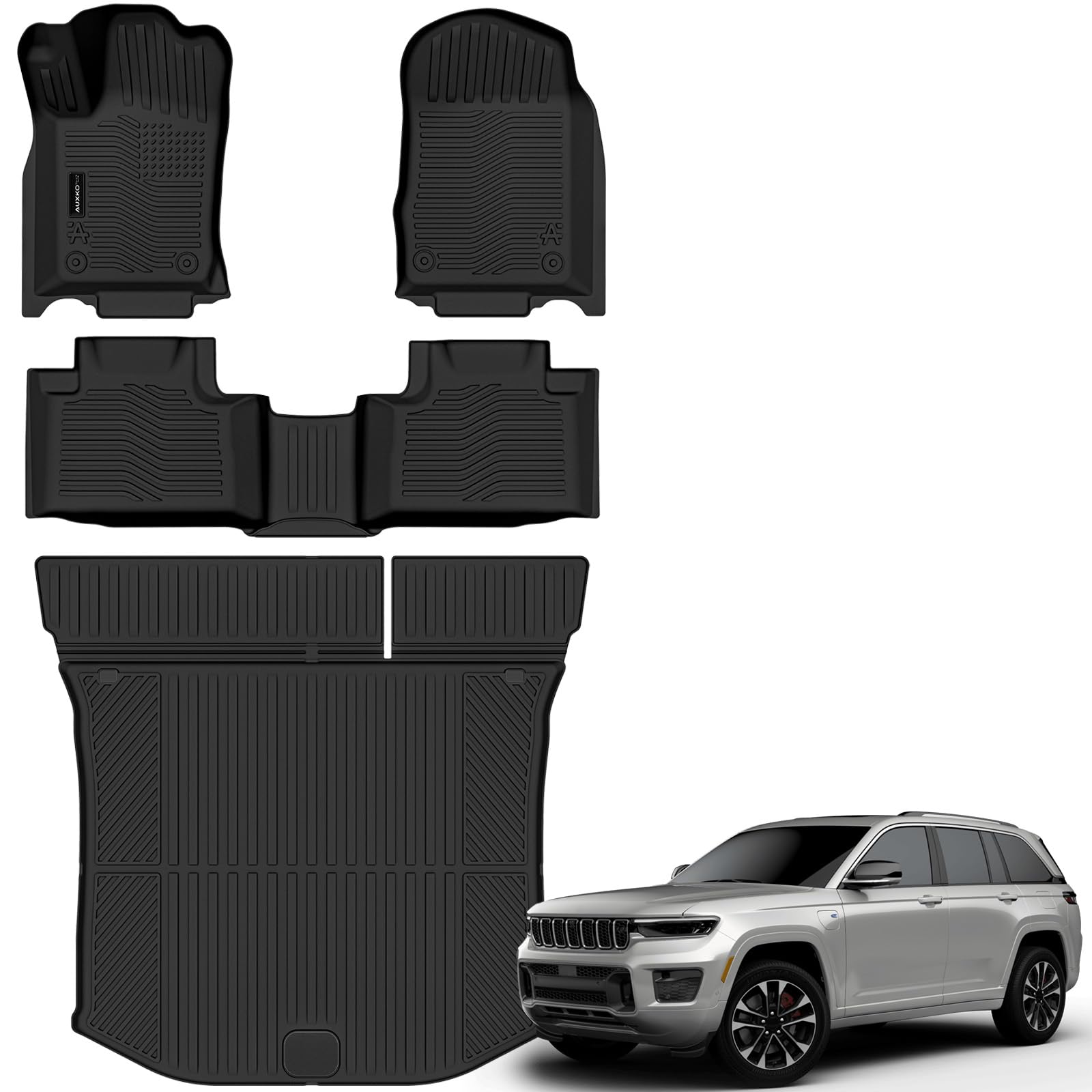 Auxko all-weather floor mats in front view showing precise fit for Jeep Grand Cherokee.