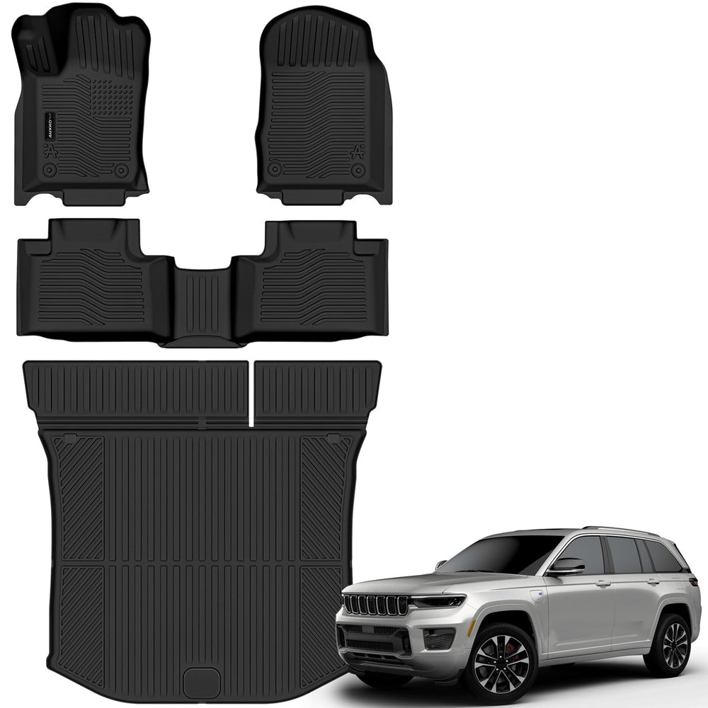 Auxko all-weather floor mats in front view showing precise fit for Jeep Grand Cherokee.