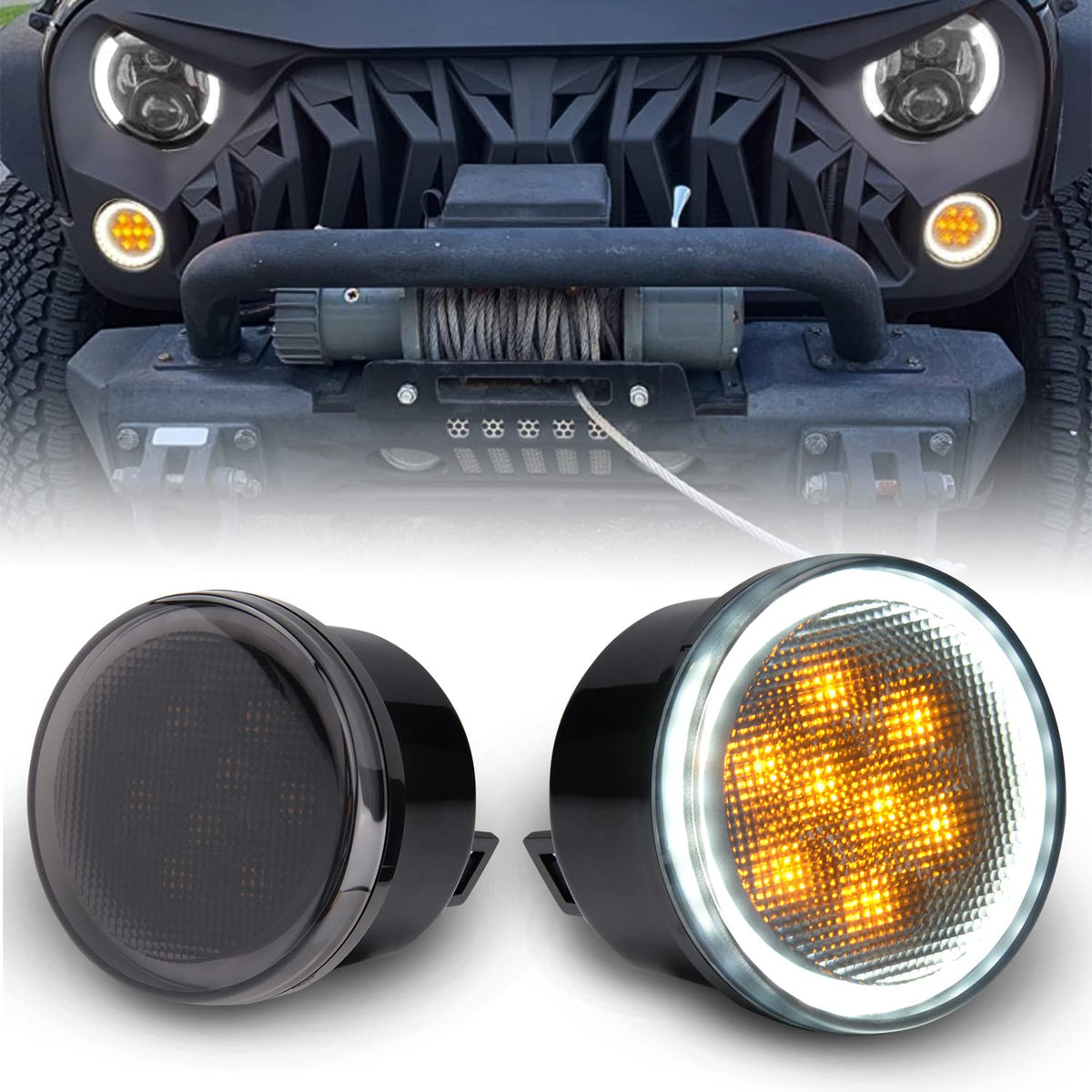 AUXLIGHT amber turn signal with halo DRL for Jeep Wrangler enhances nighttime visibility.