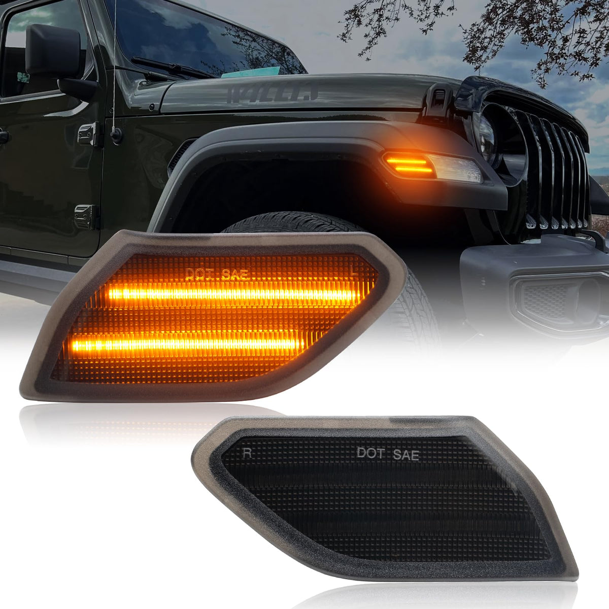 AUYICH LED front fender side marker for Wrangler JL with amber light enhances visibility.