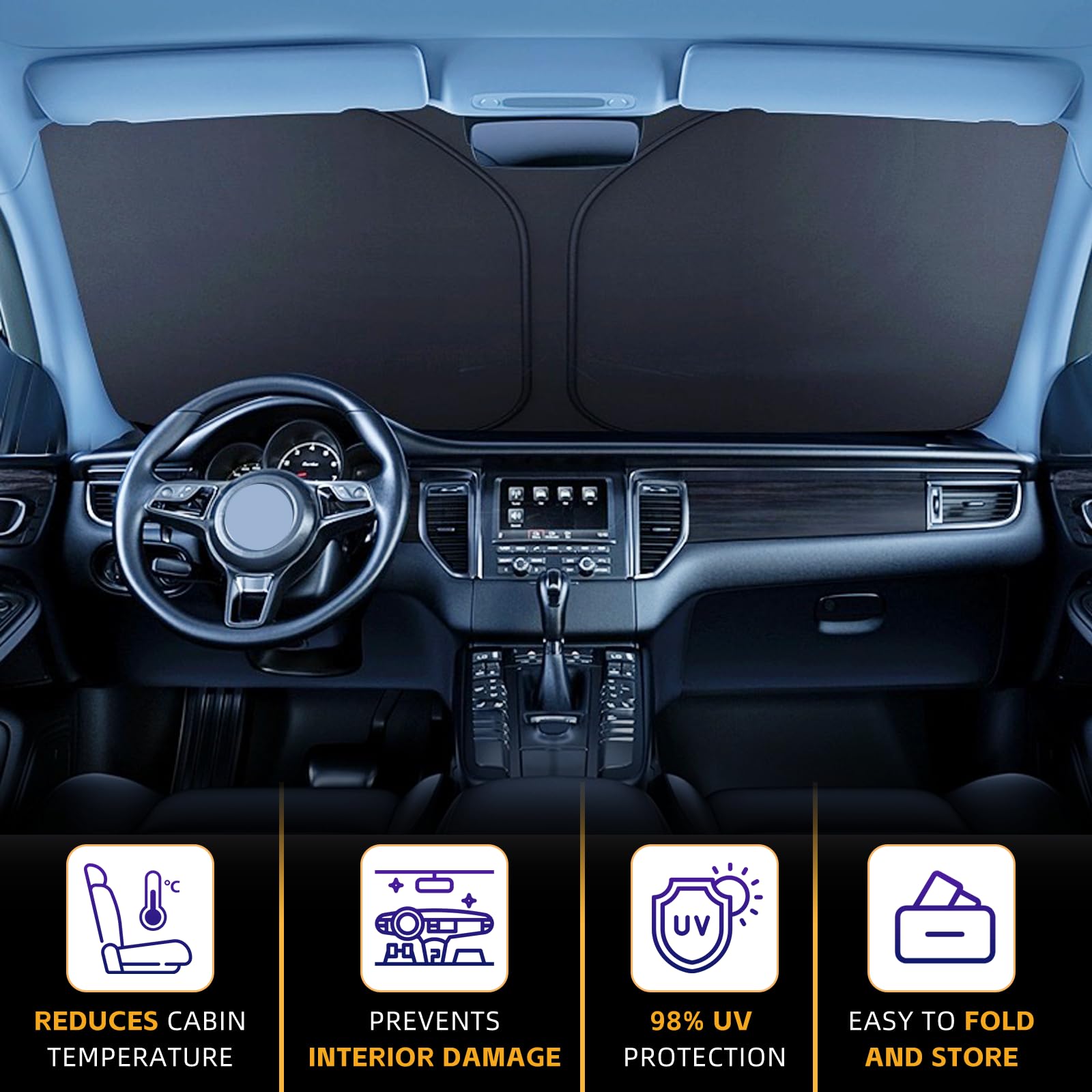 AuyNeas windshield shade supports quick setup and no modification storage for busy mornings.