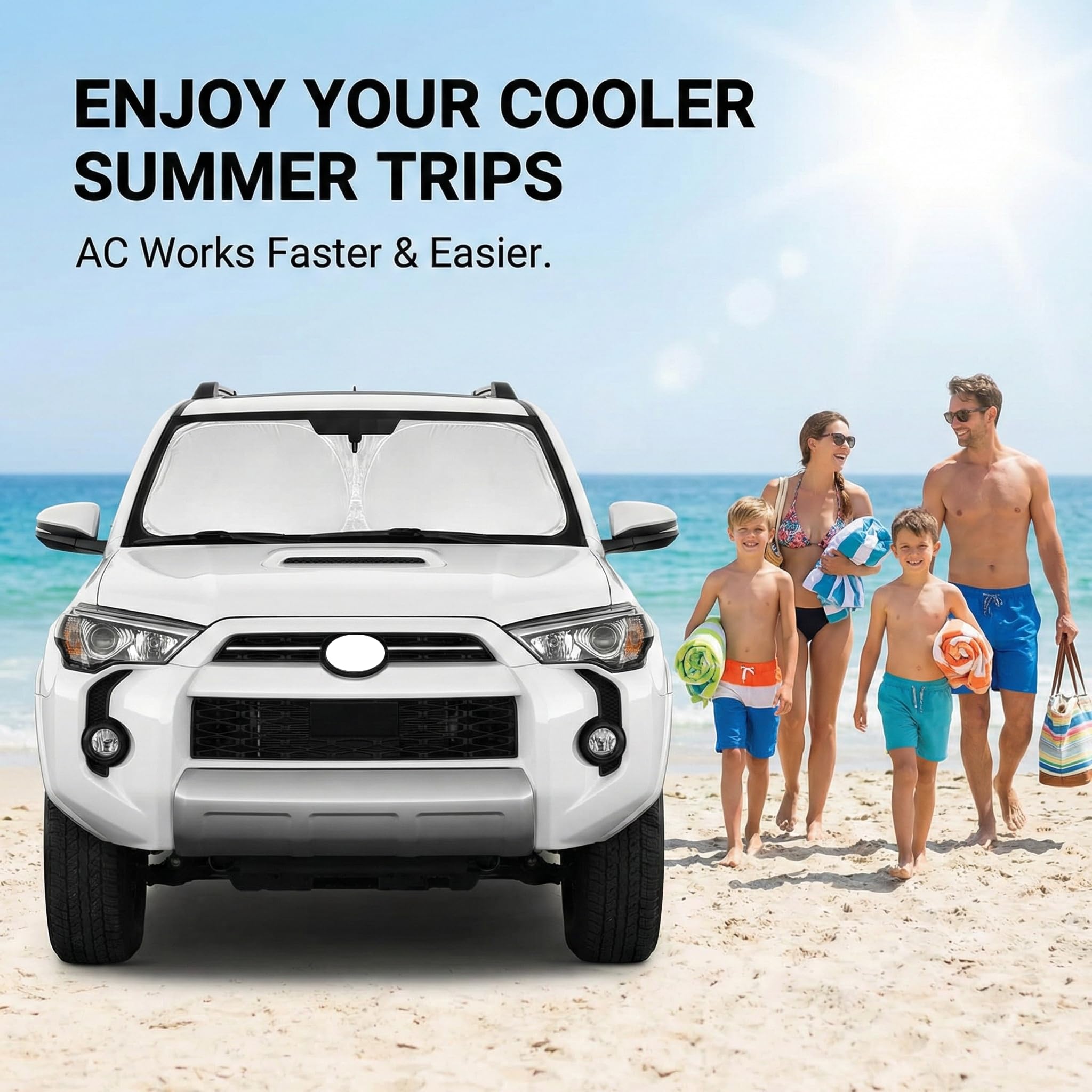 AuyNeas sun shade helps dissipate heat and protect the dashboard and seats.