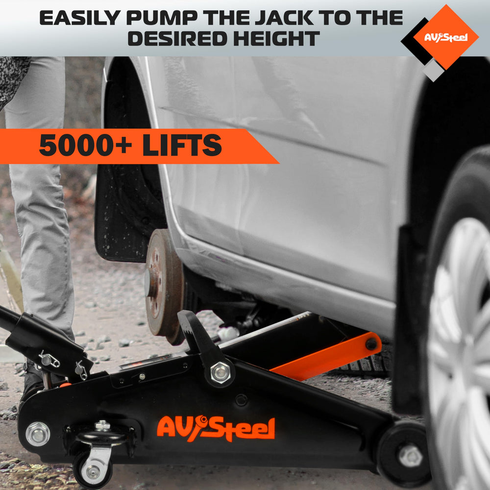 AV Steel floor jack 360-degree saddle protects vehicle contact area.
