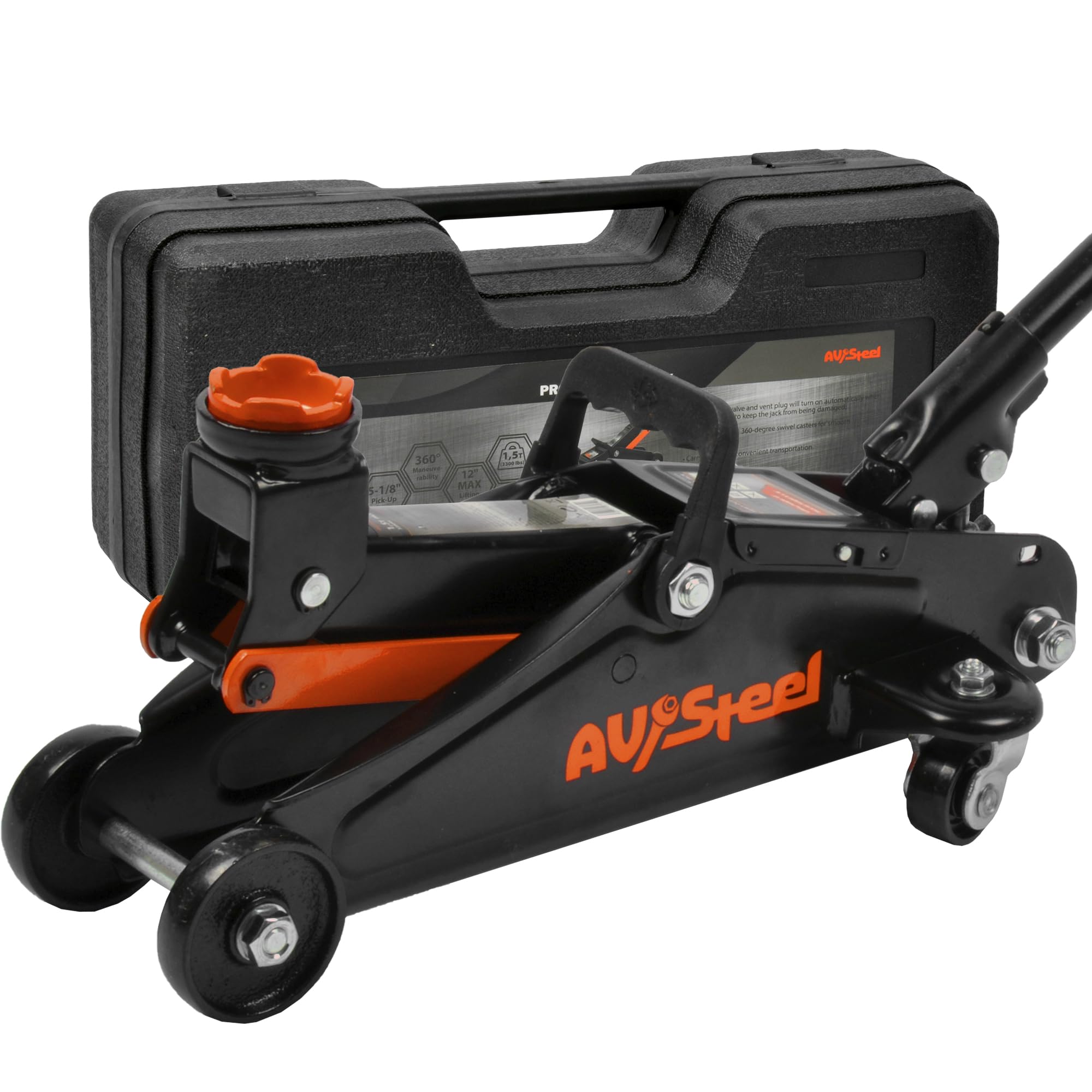 AV Steel floor jack front view highlights 1.5 ton capacity for car lifting.