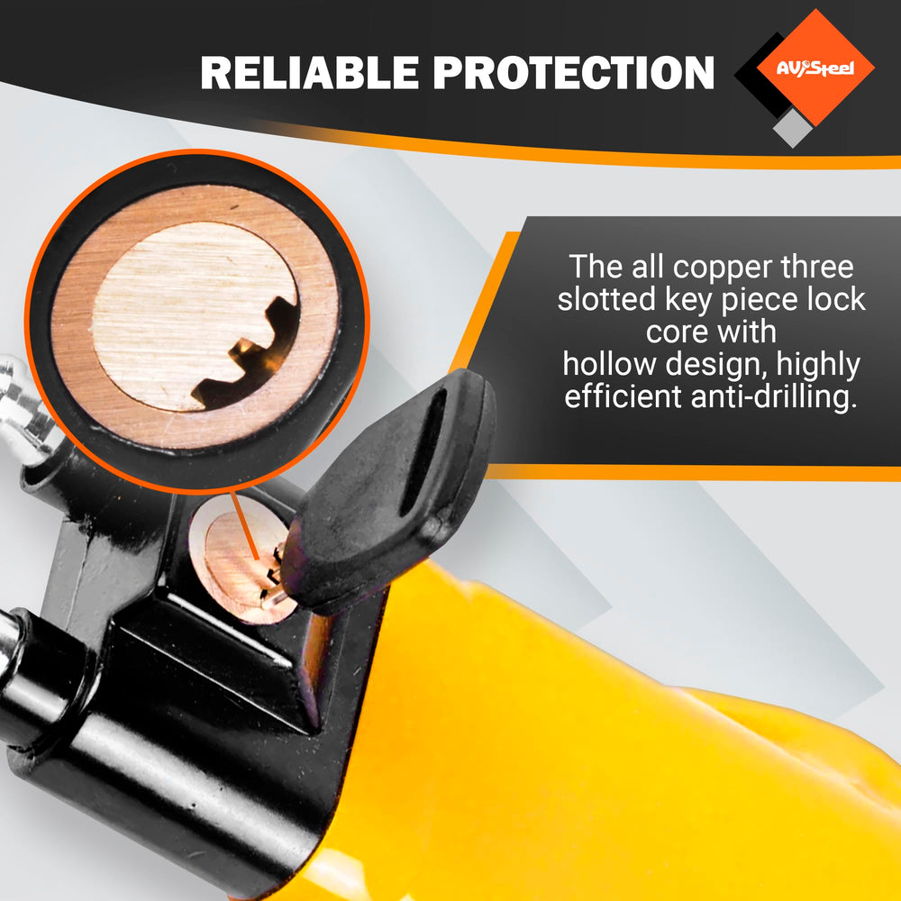 AV Steel lock installs in under a minute without damaging the steering wheel