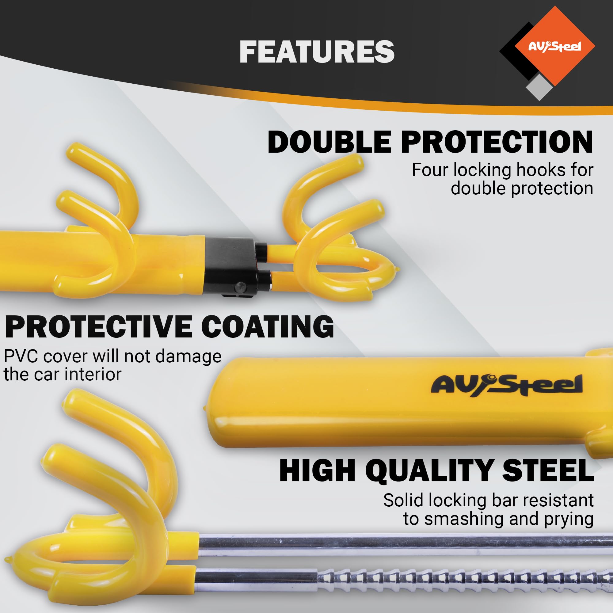 AV Steel universal-fit design adapts to most cars, trucks, vans, and SUVs