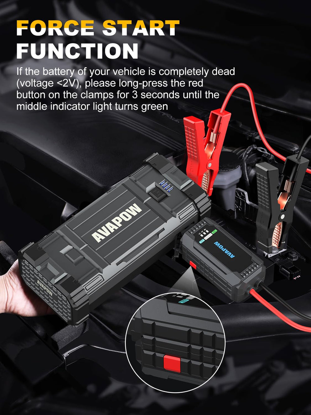 AVAPOW jumper cables with carry case for convenient on-site boosts.