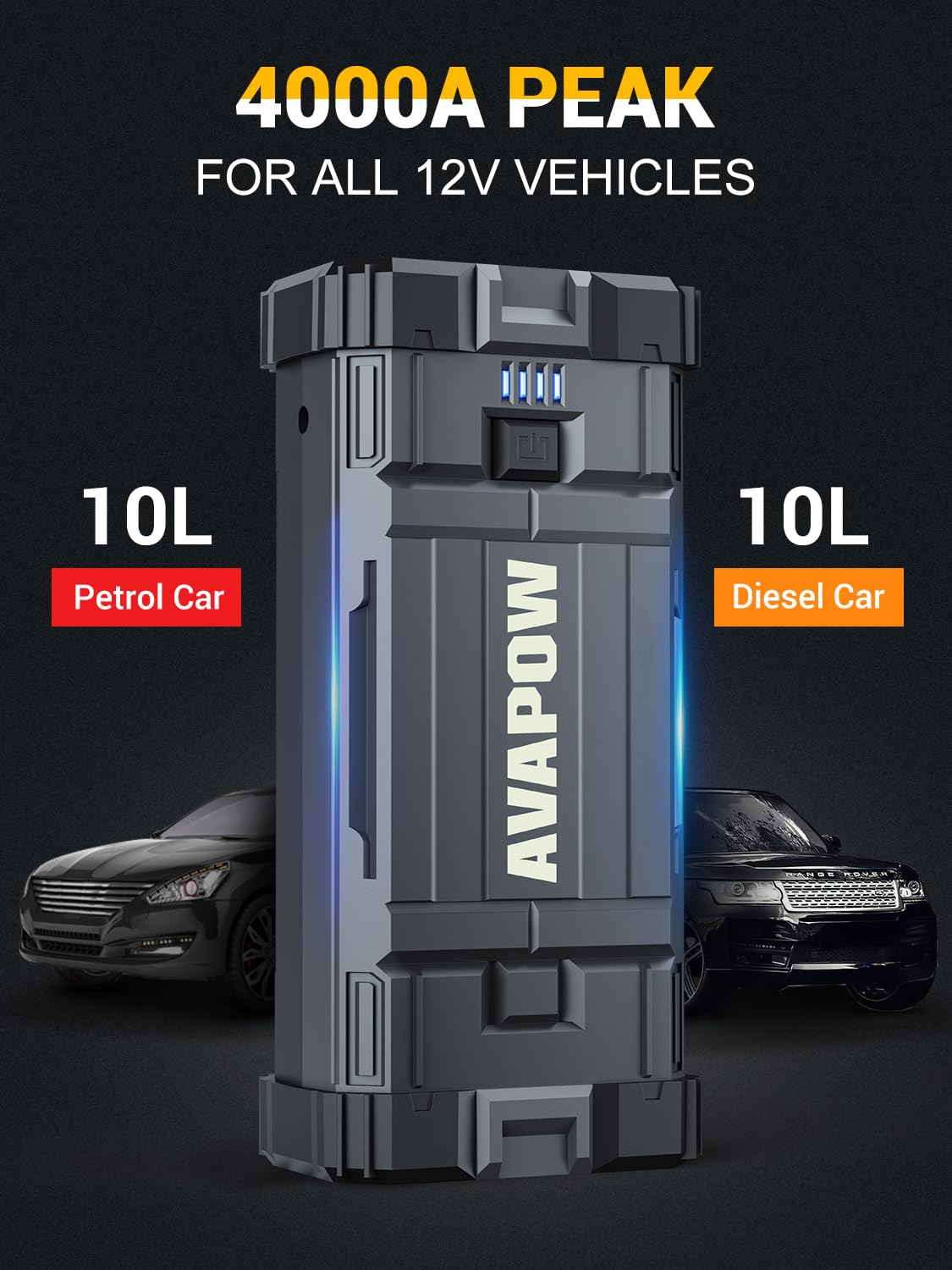 AVAPOW built-in LED light modes for emergencies and outdoor use.