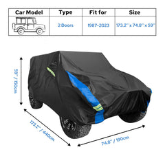 Avecrew all-weather Jeep Wrangler cover protects against sun and snow.