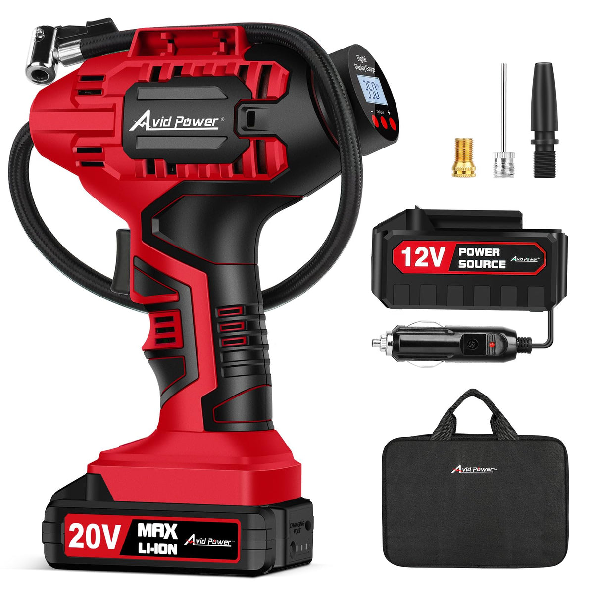 AVID POWER front view of cordless inflator showing compact design and portability