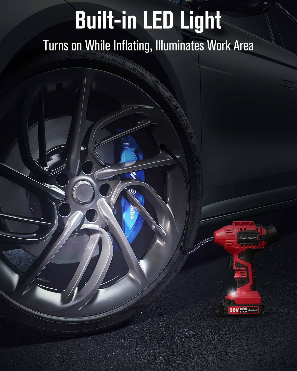 AVID POWER inflator attached to car tire demonstrating fast roadside use