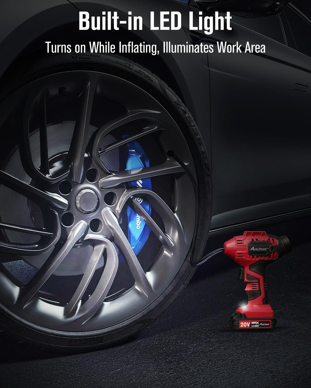 AVID POWER inflator attached to car tire demonstrating fast roadside use