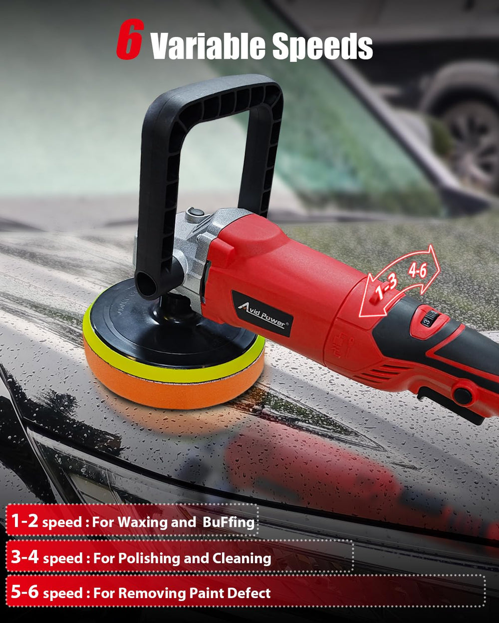 AVID POWER polishing pads and waxing setup for swirls removal and gloss enhancement.