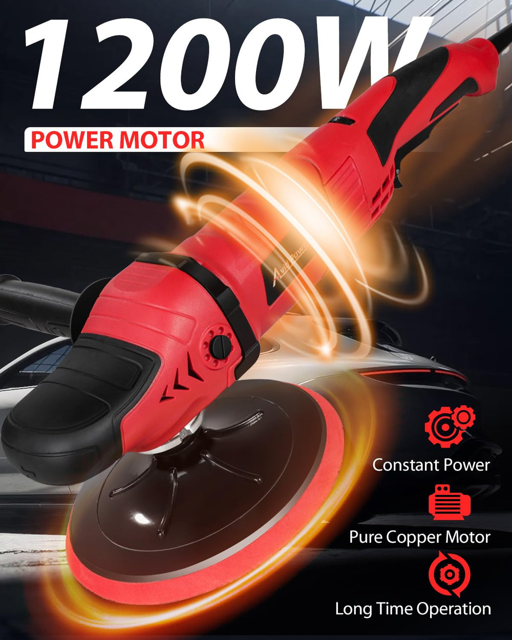 AVID POWER rotary polisher with 6-speed dial for versatile speed control.