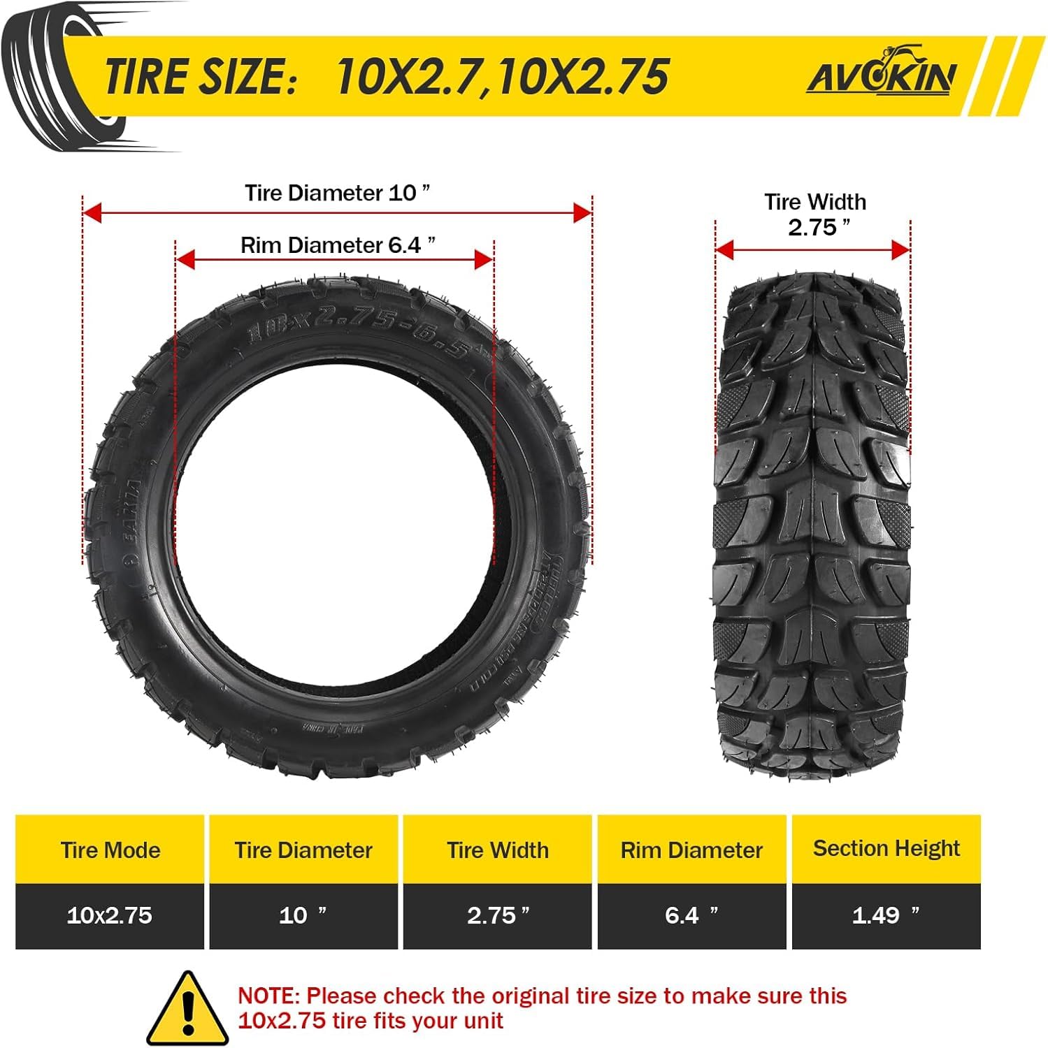 AVOKIN tire dimensions graphic showing 10 inch diameter and 3.2 inch width