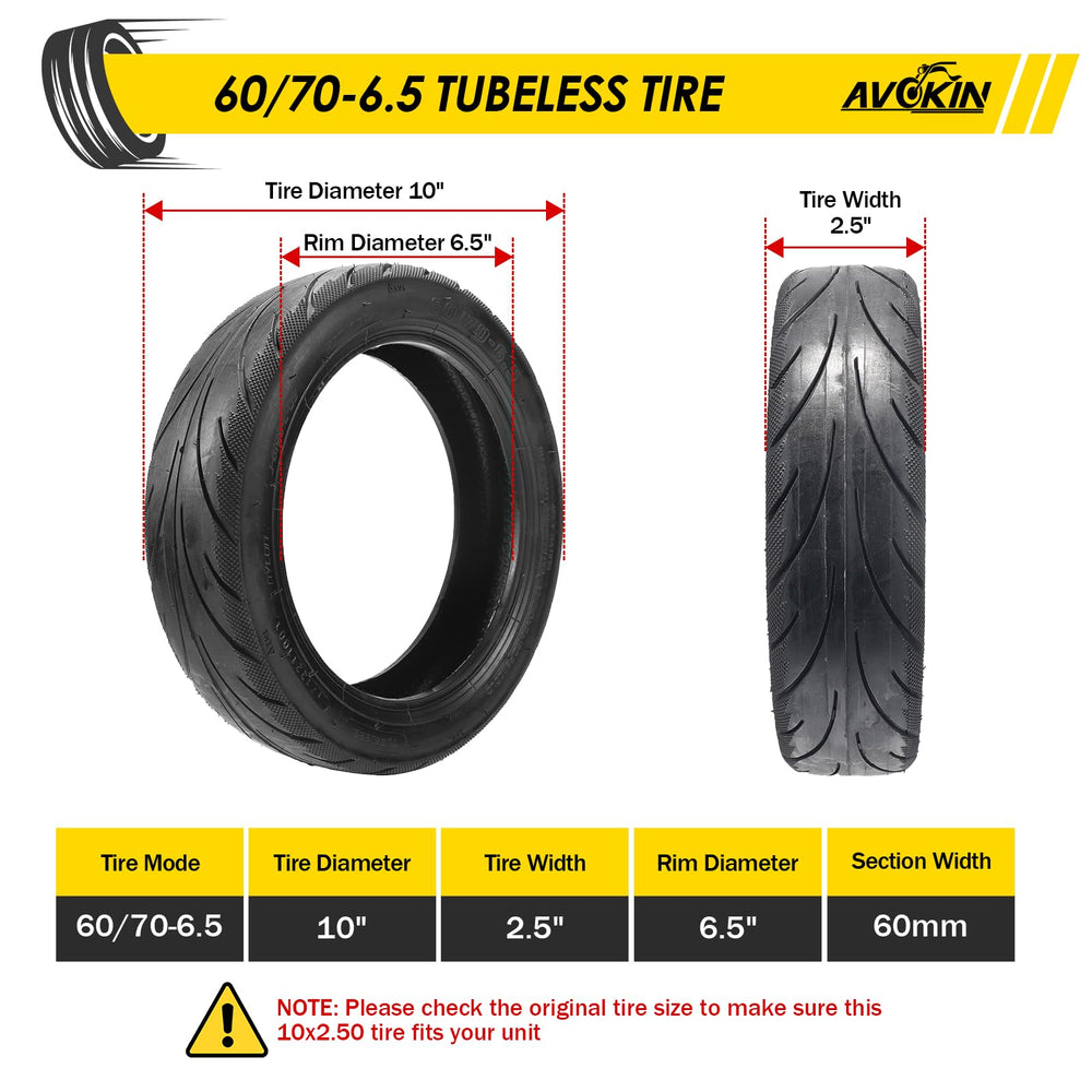 AVOKIN 60-70-6.5 tubeless tire for 10x2.50 rear wheel, steady handling.