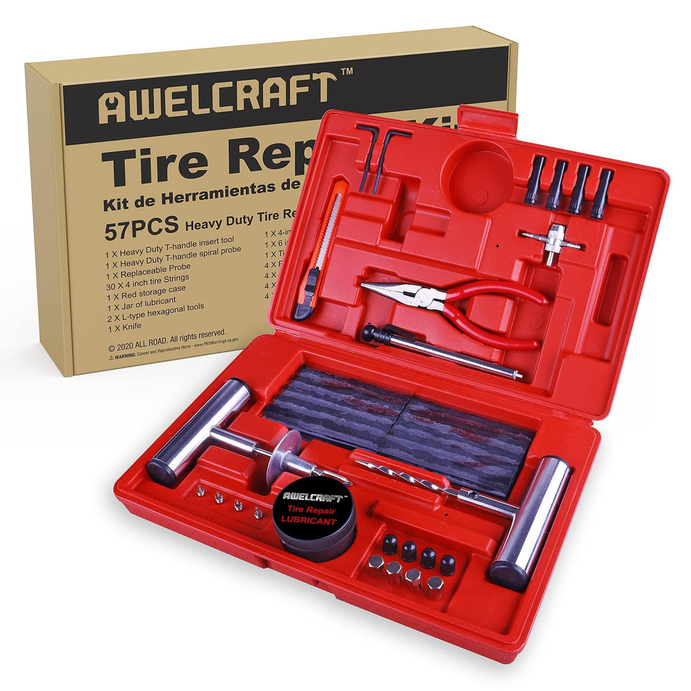 AWELCRAFT 57-piece tire repair kit case keeps tools organized for quick roadside fixes