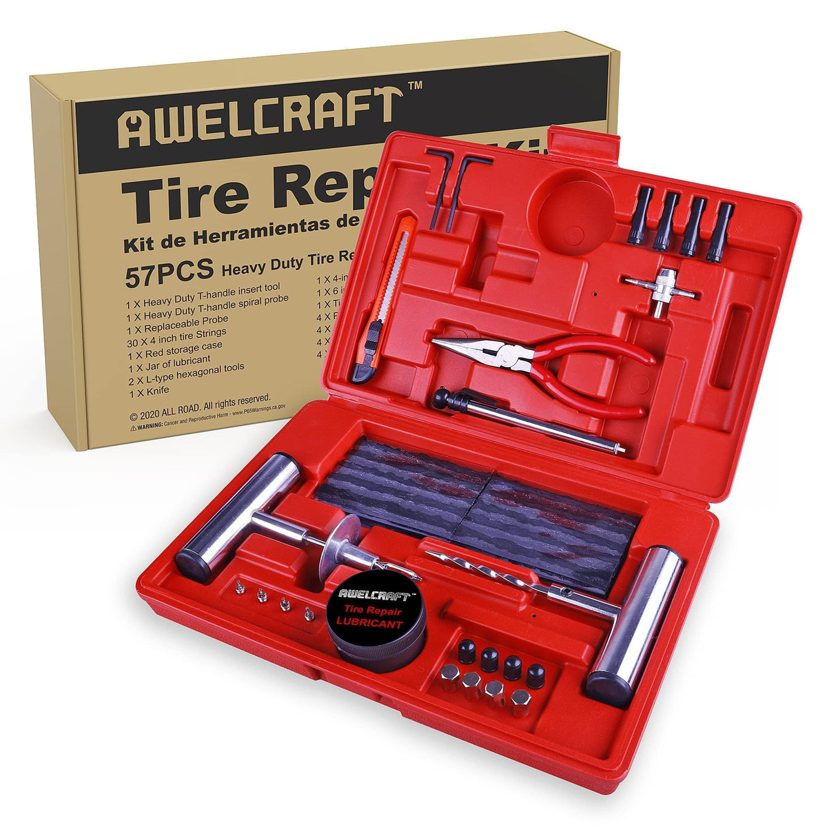 AWELCRAFT 57-piece tire repair kit case keeps tools organized for quick roadside fixes