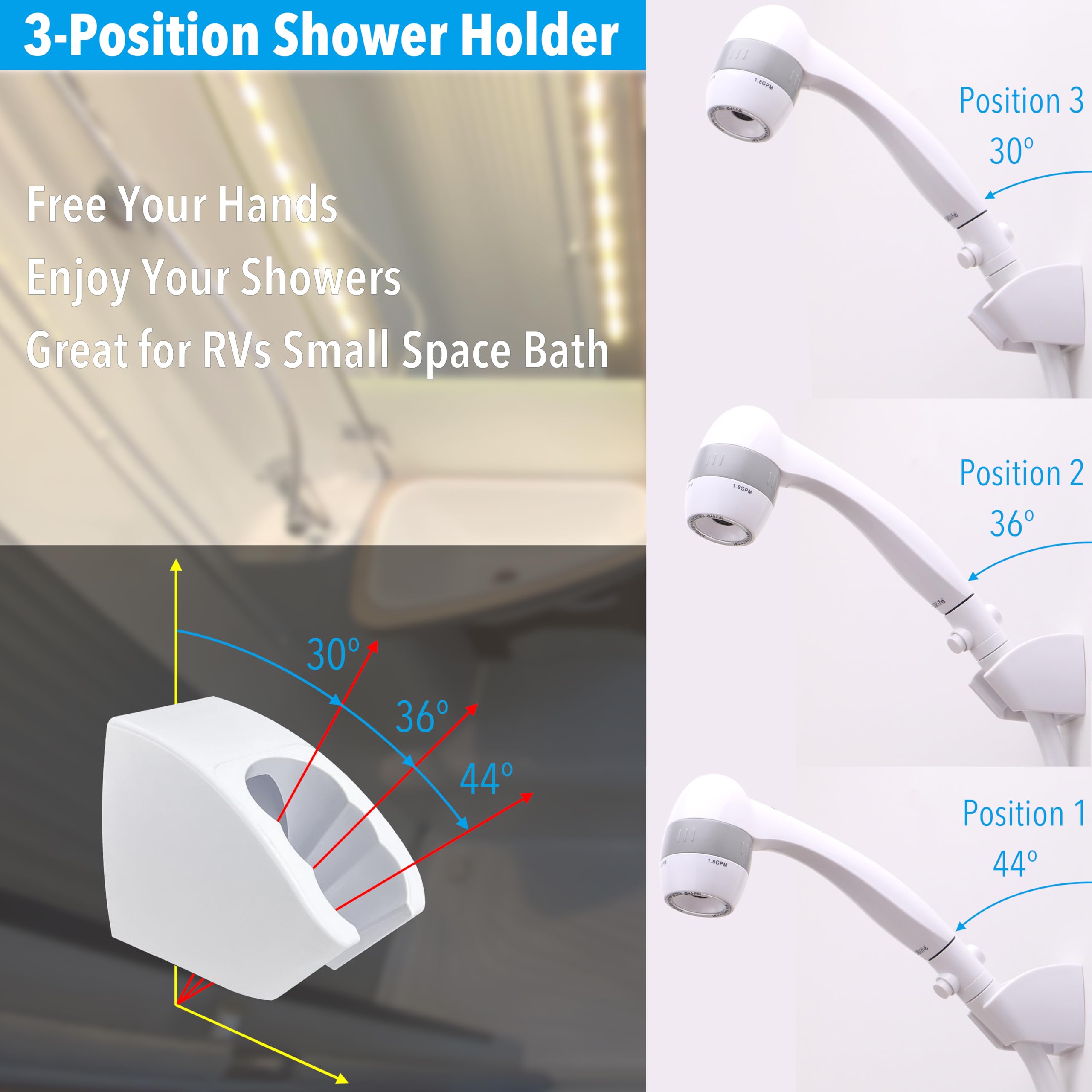 Awelife 3-position holder keeps hands-free use in small RV showers.