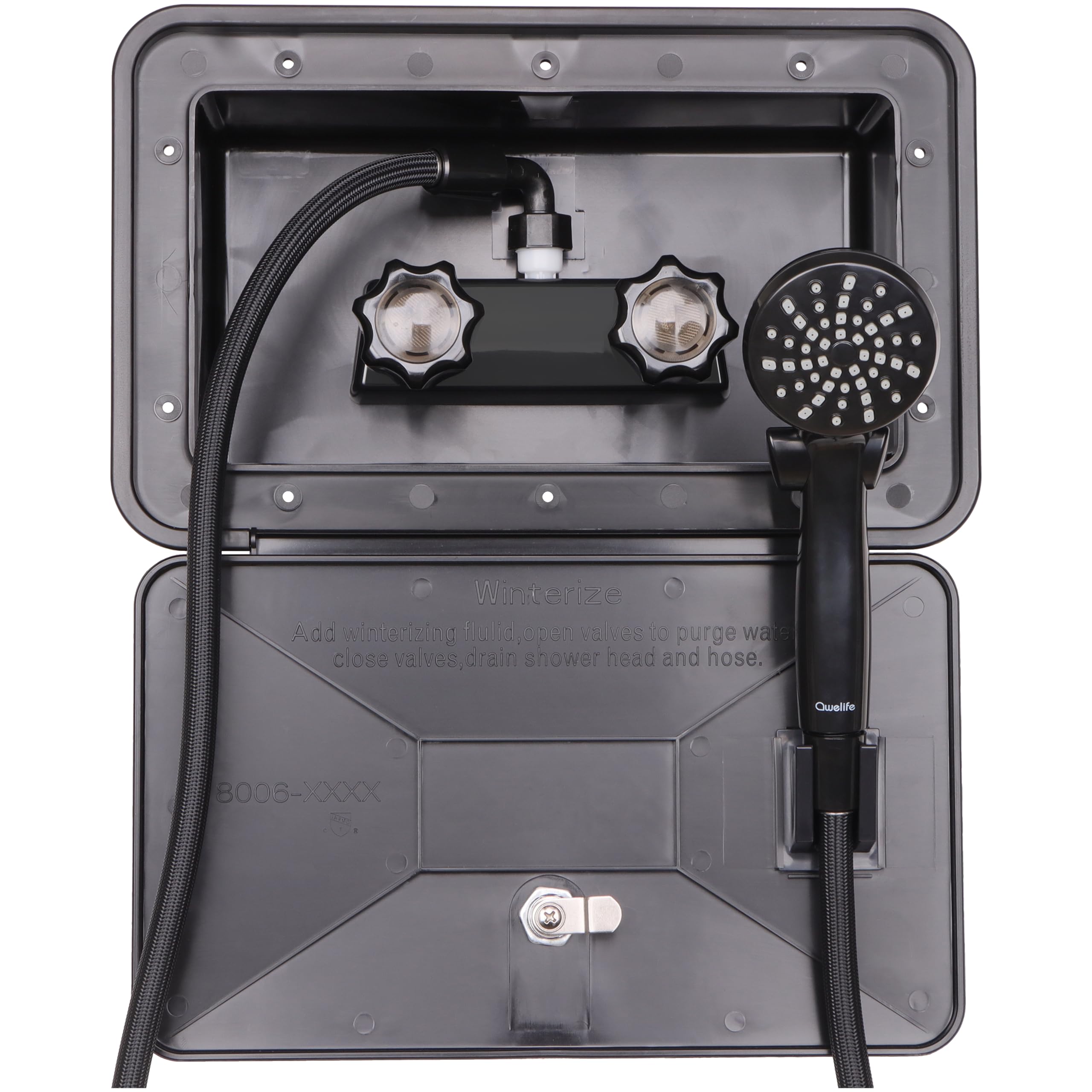 Awelife exterior shower box front view shows rugged resin build for outdoor RV use.