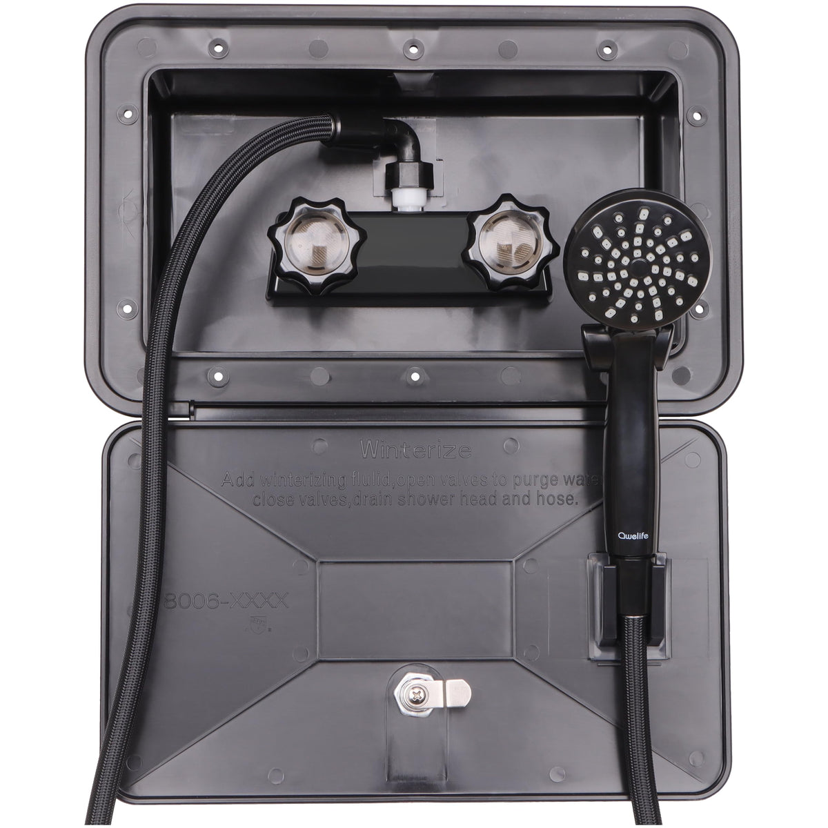 Awelife exterior shower box front view shows rugged resin build for outdoor RV use.