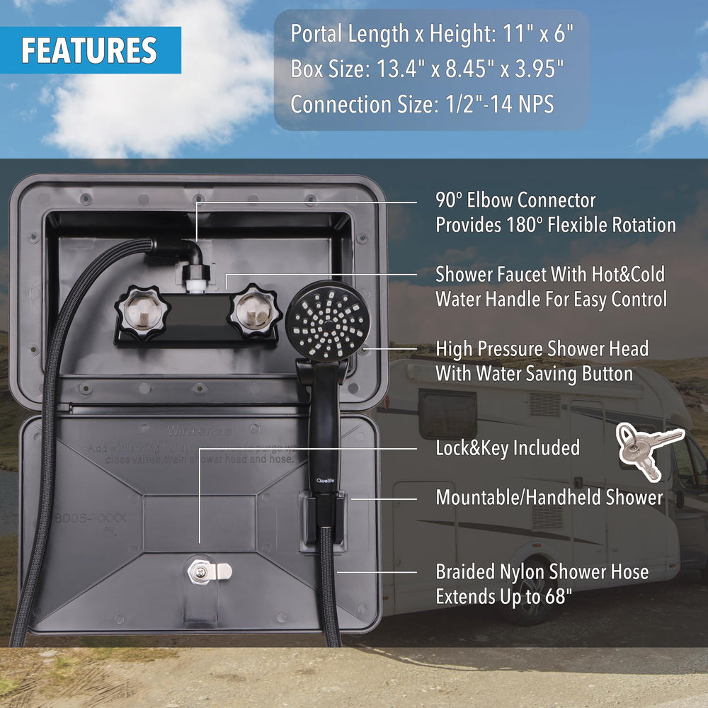 Awelife shower head emphasizes water-saving flow control for extended tank time.