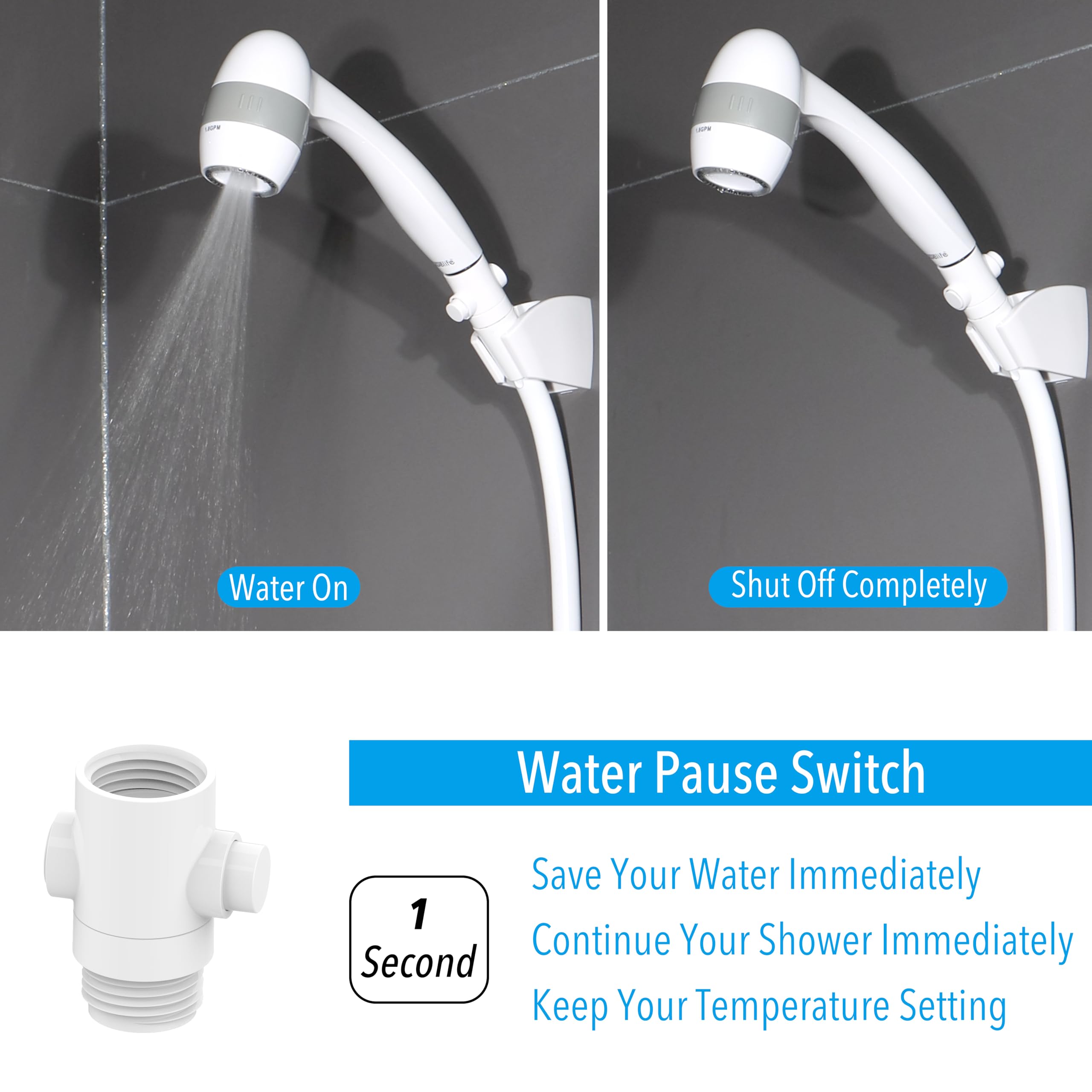 Awelife water pause switch saves water instantly during showers.
