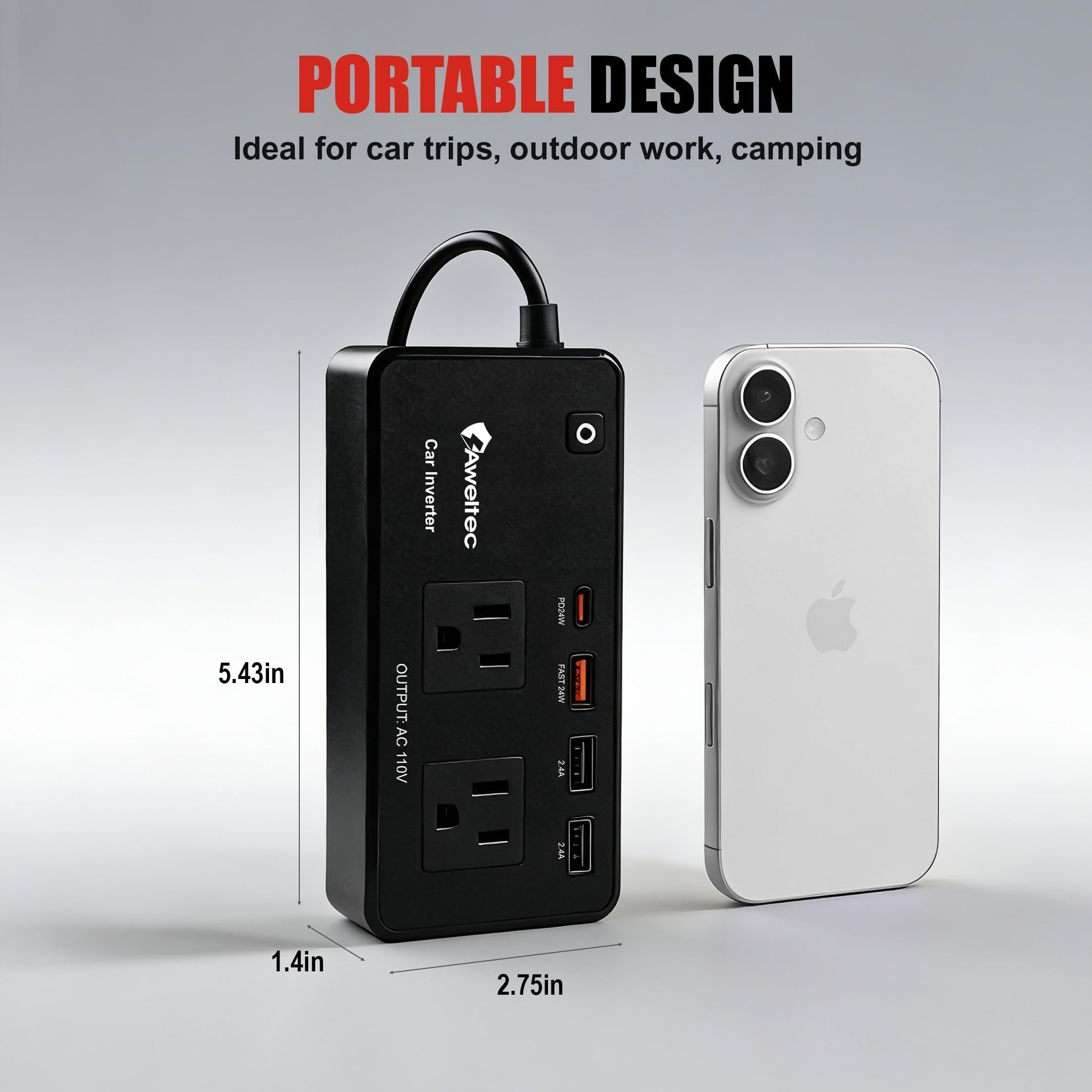 AWELTEC 12V to 110V conversion enables laptop and gadget charging on the road.