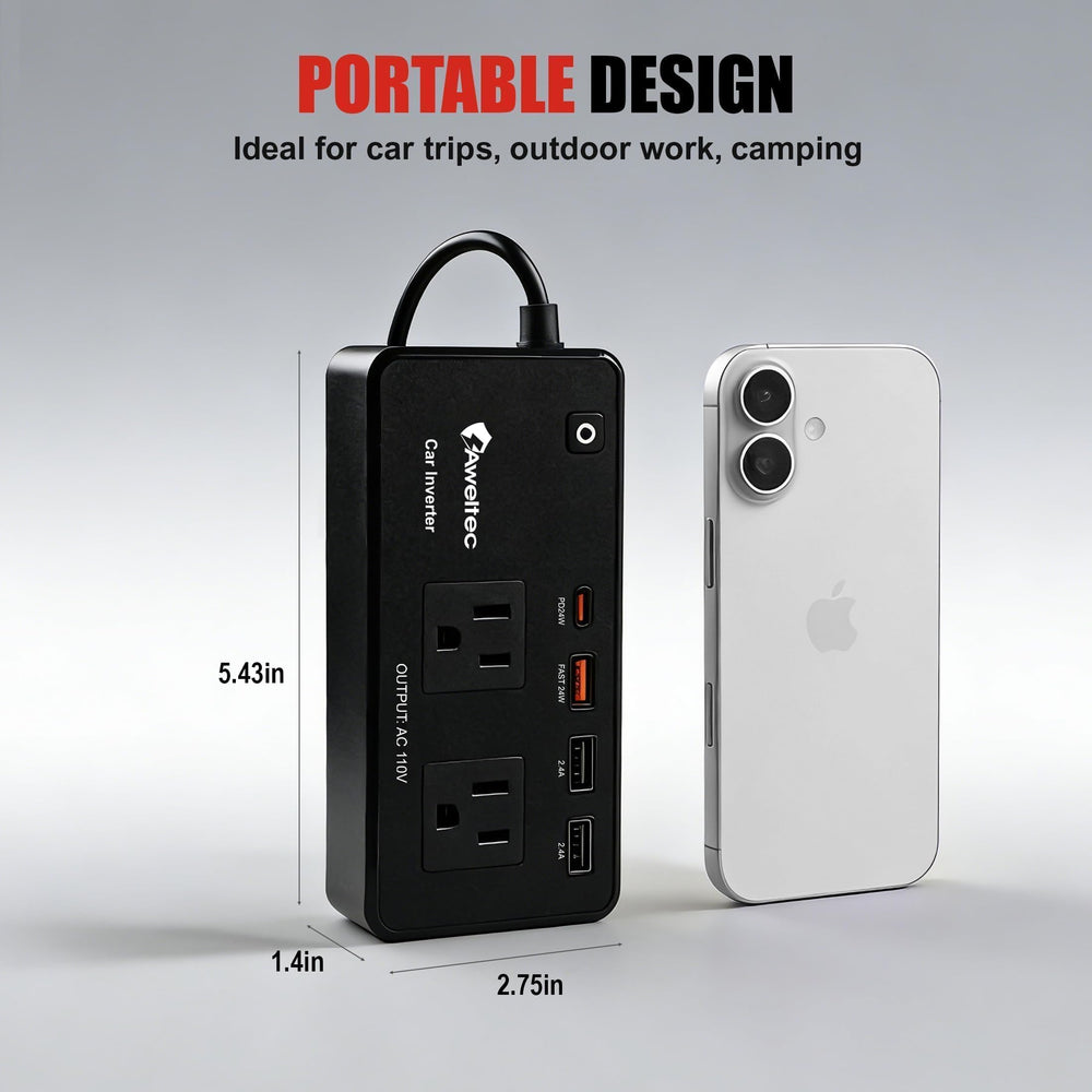 AWELTEC 12V to 110V conversion enables laptop and gadget charging on the road.