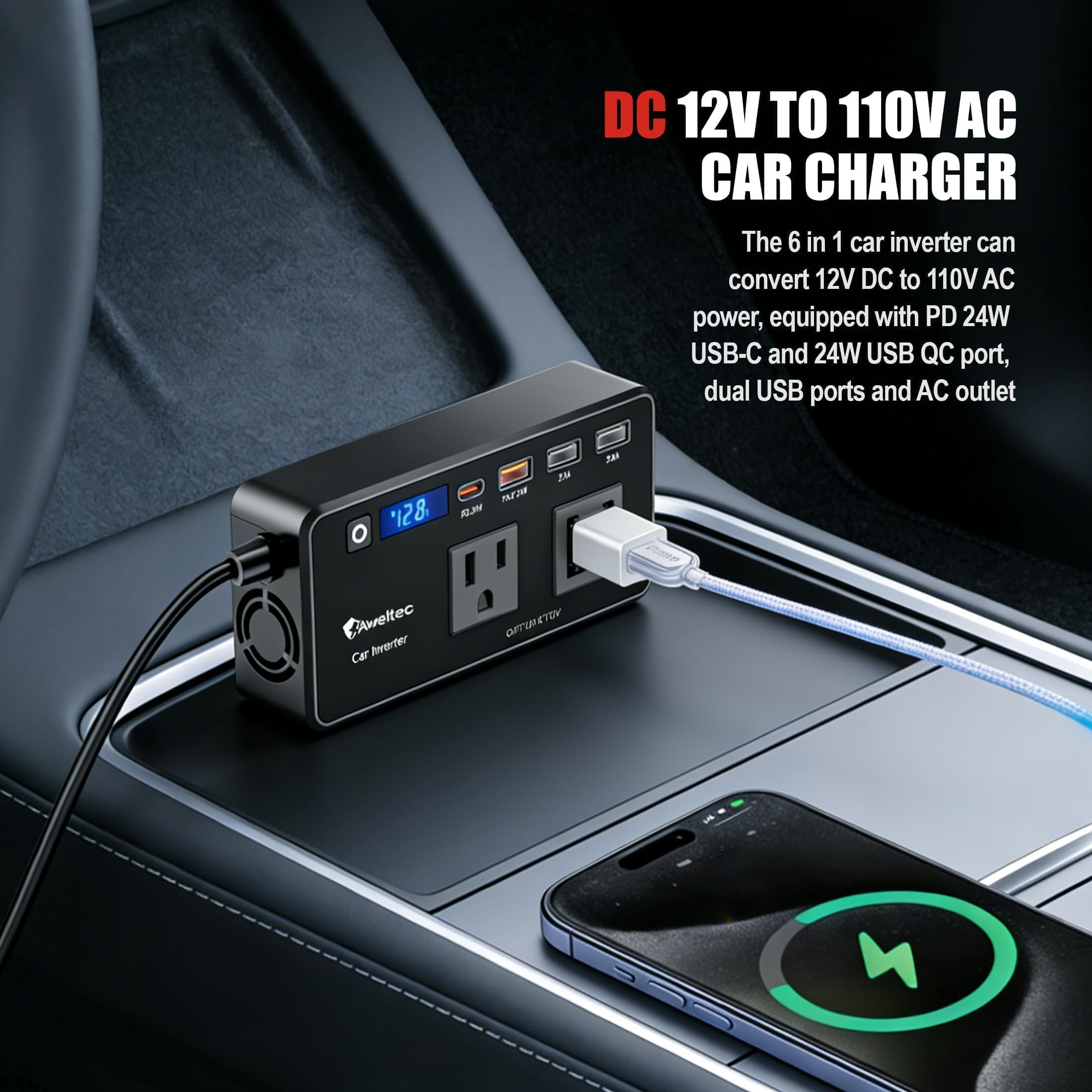 AWELTEC 200W inverter LED display showing real-time voltage and wattage.