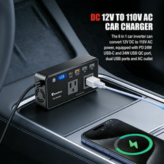 AWELTEC 200W inverter LED display showing real-time voltage and wattage.