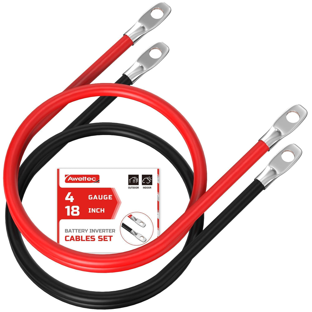 AWELTEC 4 AWG battery cable with red and black leads and 3/8 inch tabs for automotive power.