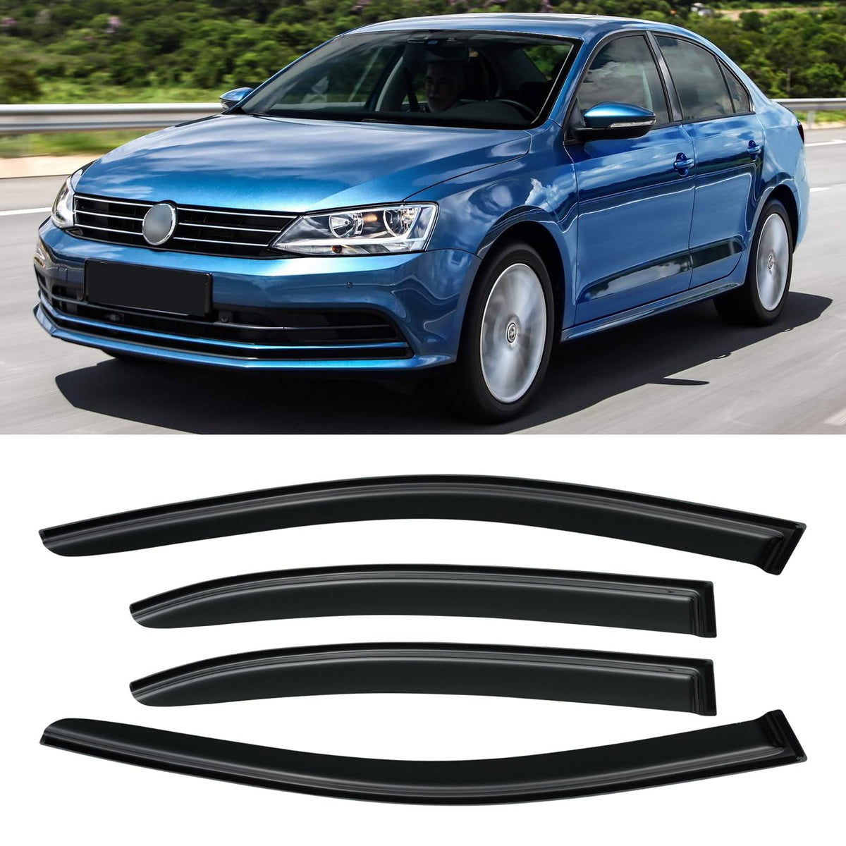 AWVRG Jetta left-front rain guard on the window, offering rain protection while airflow continues.