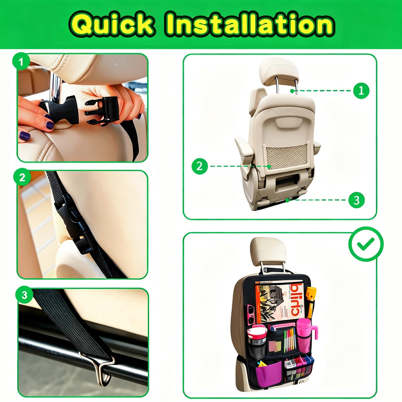AXELECT easy-install straps secure firmly to headrest poles.