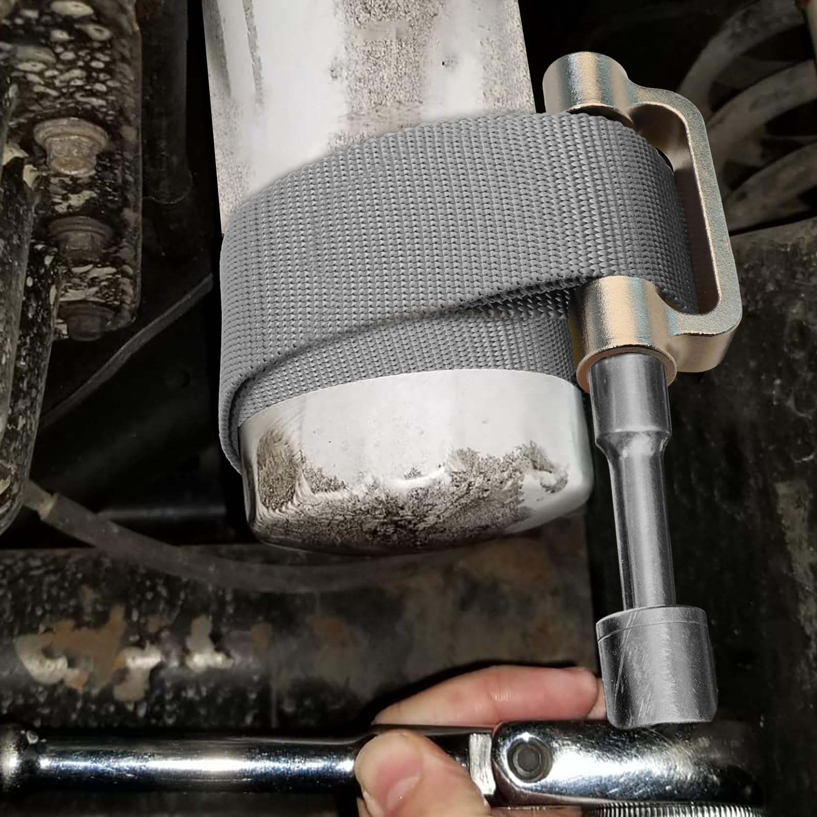 Axfvd oil-filter strap wrench designed for 1/2-inch drive versatility on many filters.
