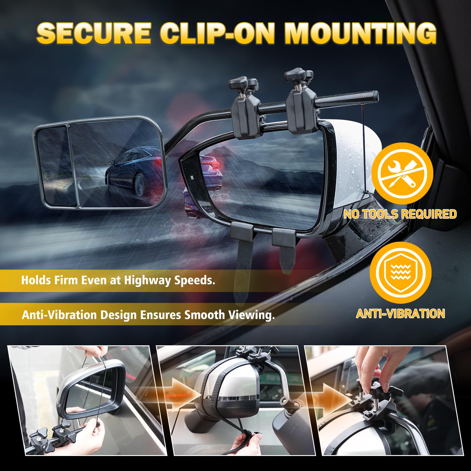 AXIMIRON secure clamps resist wind, keeping tow mirrors stable at speed