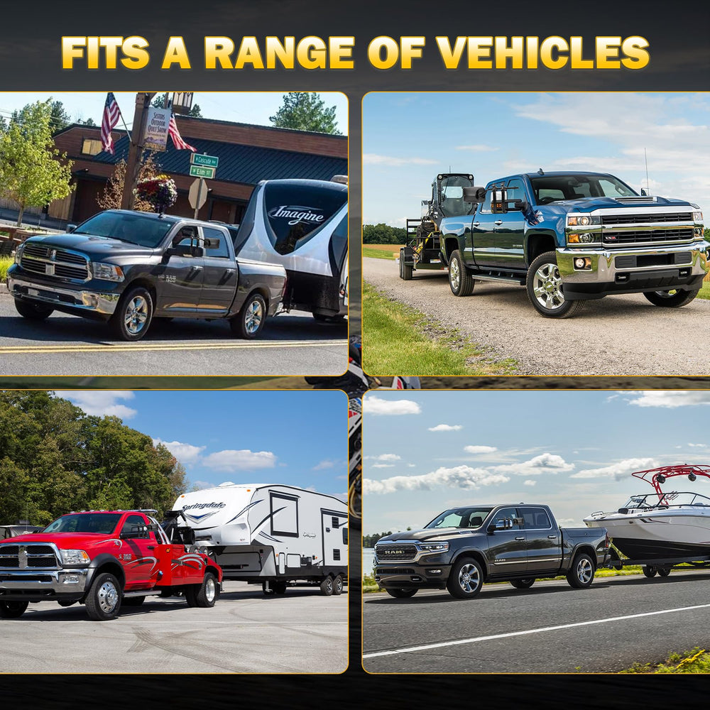 AXIMIRON universal-fit towing mirrors adapt to SUVs, trucks, and RVs for towing versatility
