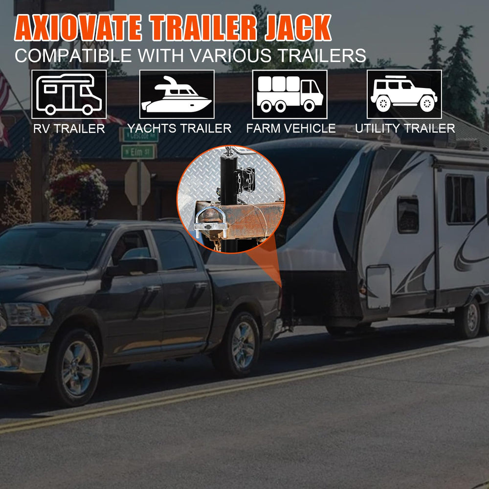 Axiovate 2000lbs trailer jack in-use on trailer for quick height adjustments