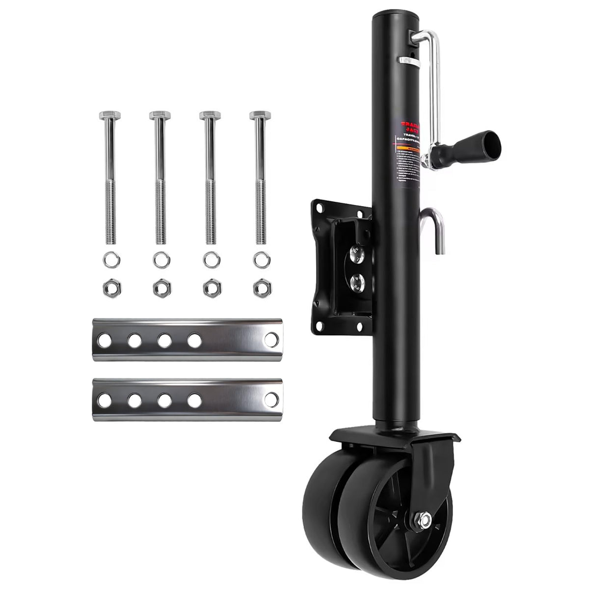 Axiovate 2000 lb trailer jack with wheel stabilizes the front end on uneven ground.