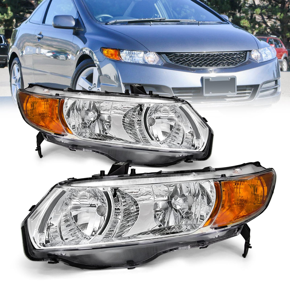 AXLAHA headlight assembly with chrome housing, driver-side fit for Honda Civic.