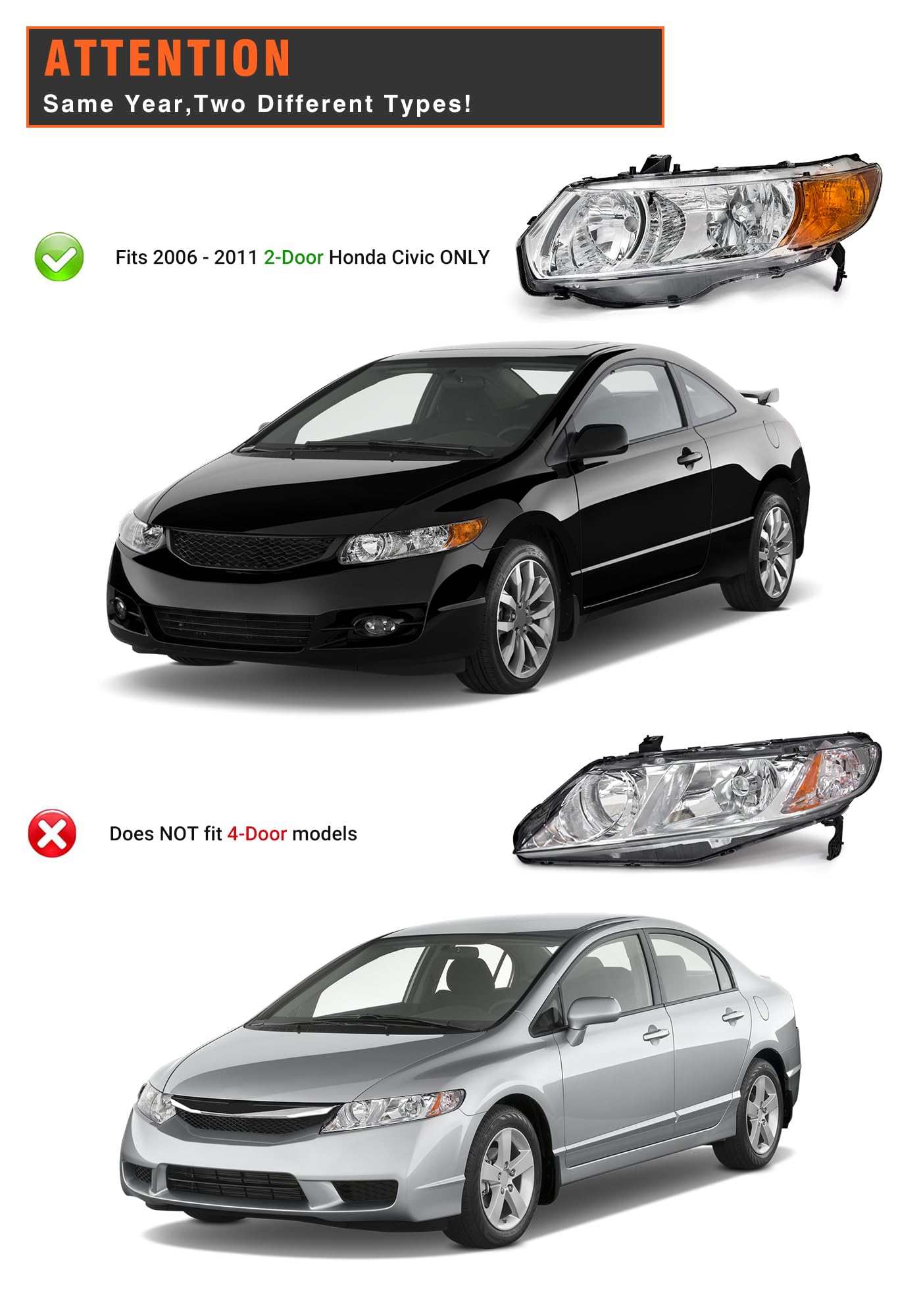 AXLAHA headlight assembly chrome housing passenger-side, ideal for two-door Civic.