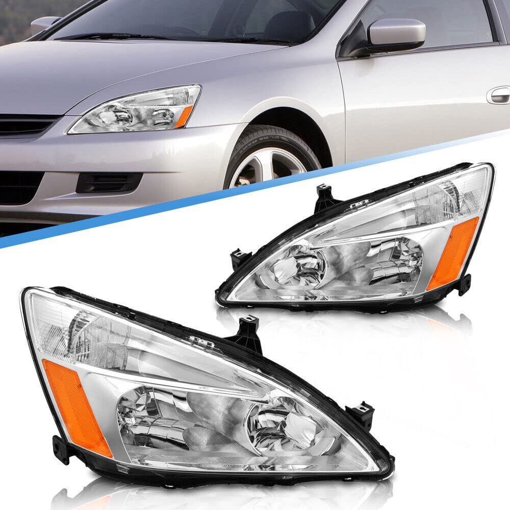 AXLAHA headlights with chrome housing and amber reflector for Honda Accord 2003-2007, improved night visibility
