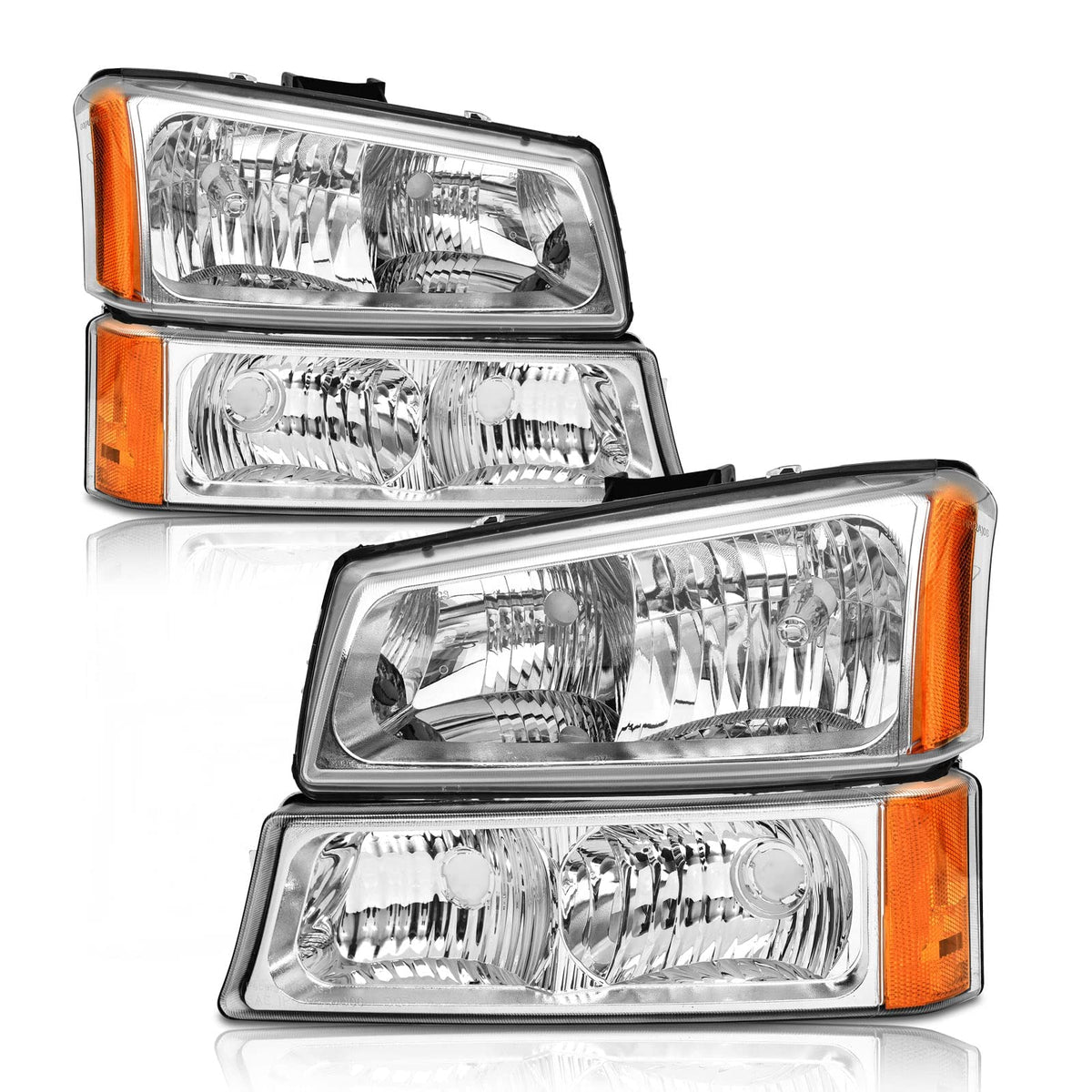 AXLAHA headlights assembly front view with chrome housing and amber reflector for Silverado