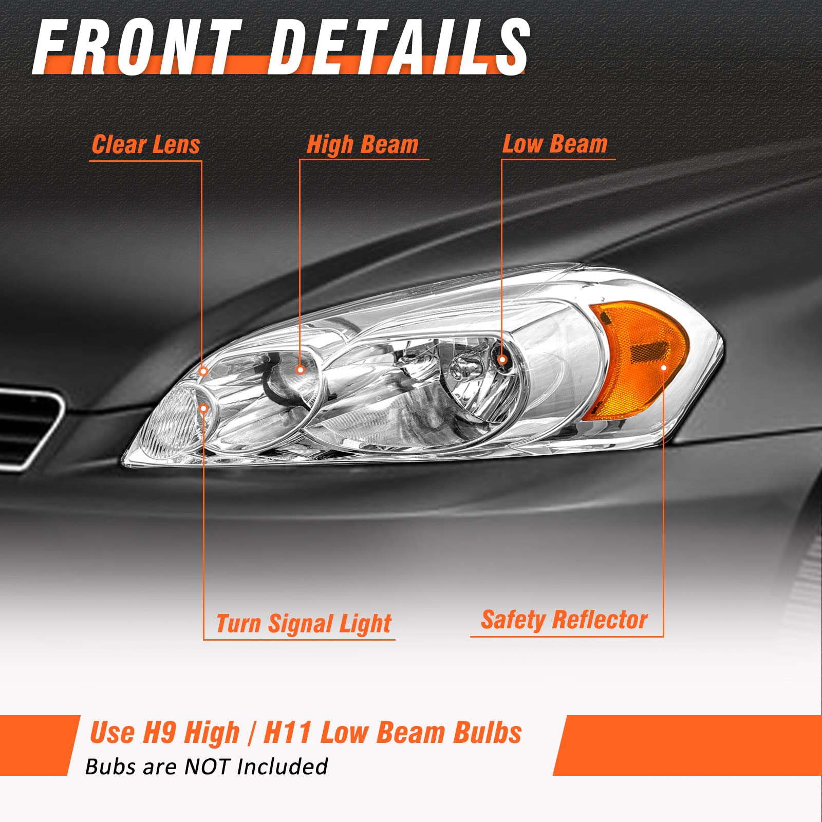 AXLAHA Monte Carlo headlight front view with chrome housing and amber reflector